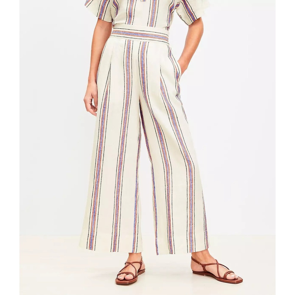 LOFT Beach Striped 100% Linen Wide Leg‎ Pull On Pants Womens Small